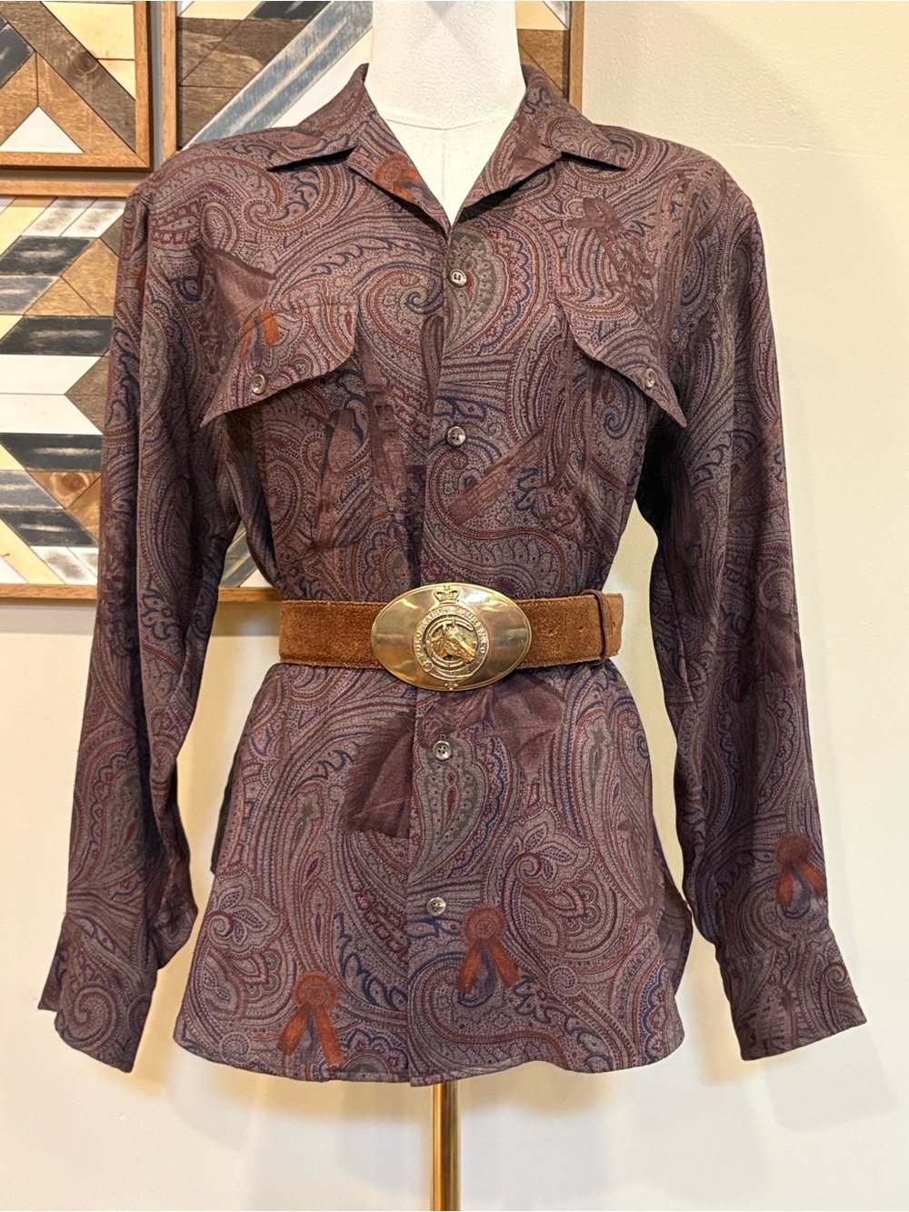 Vintage Ralph Lauren 90s Equestrian Horse Print Button Down Wool Silk Blouse 6